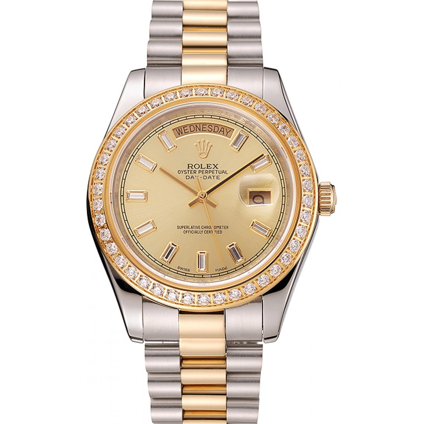 Swiss Bezel Day-Date Tone Rolex 1454103 Dial Bracelet Two Diamond Champagne 0707